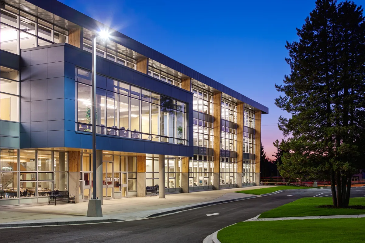 Exterior of the Surrey School District Office at Dusk